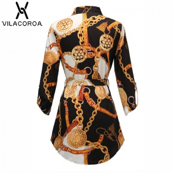 Sleeve Chain Print Women Blouses And Tops Lapel Lace-Up Button Black Green Red Burgundy White